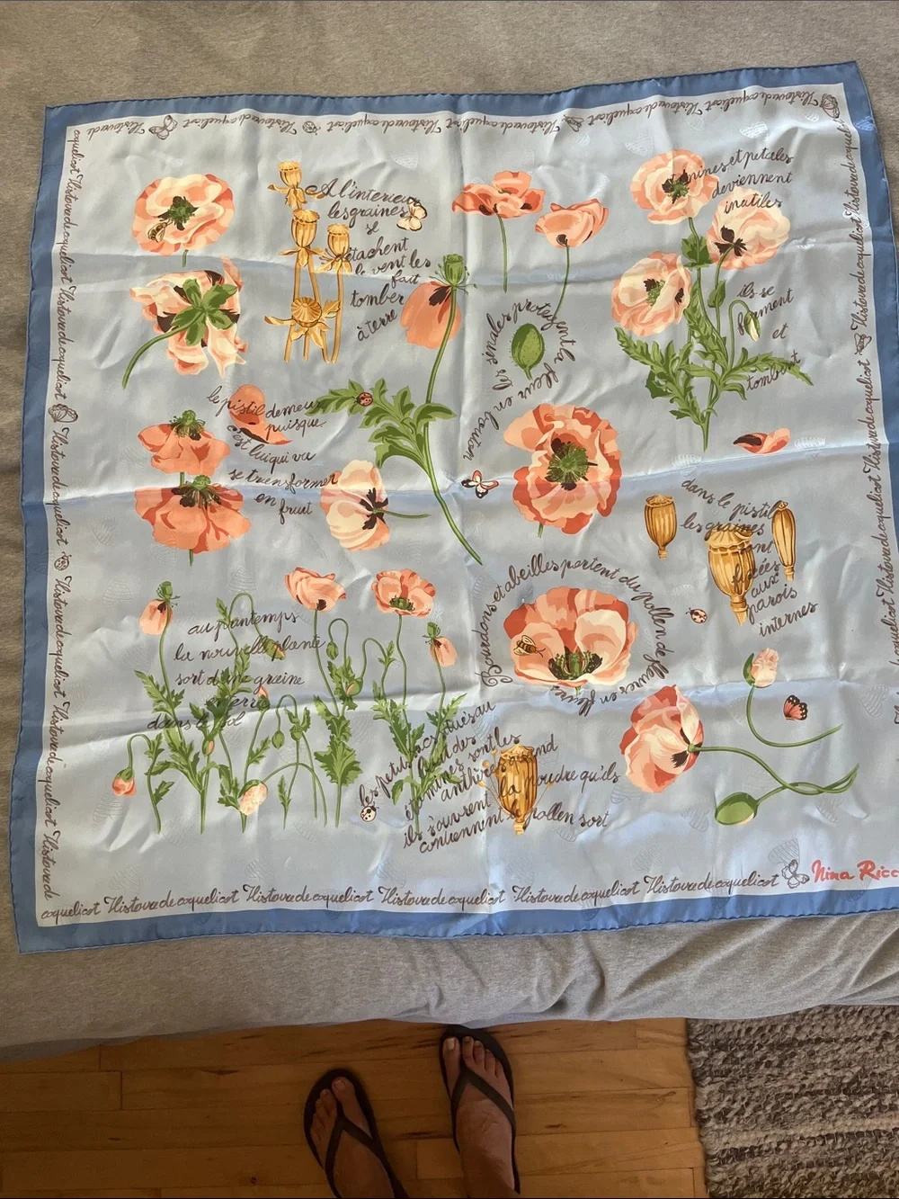 Nina Ricci Blue Scarf with Coral Floral Poppies